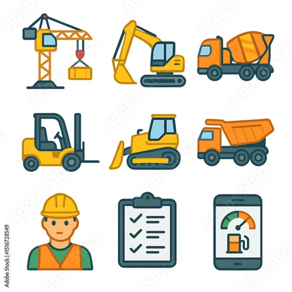 Fototapeta Heavy Machinery Icons. Flat icon set of heavy machinery management: crane in use, excavator, concrete mixer,