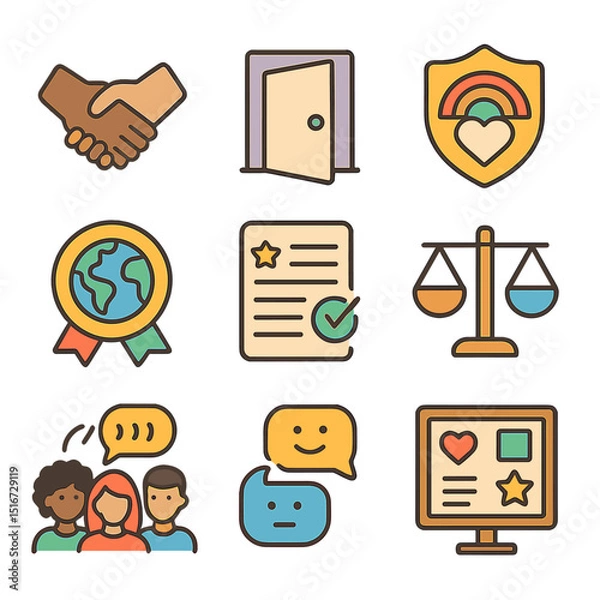 Obraz Inclusive Workplace Icons. Flat icon set of inclusive workplace culture: diversity handshake, open space