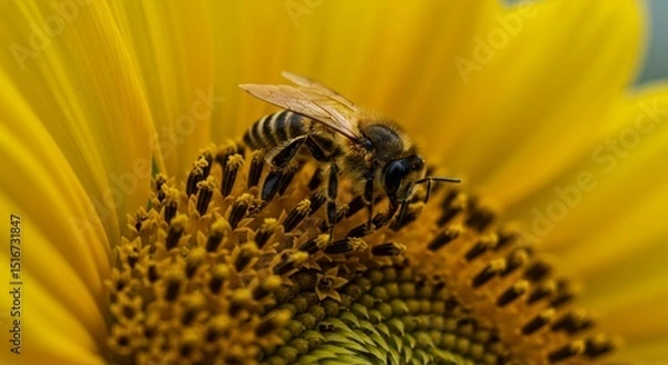 Fototapeta A close up view of a bee collecting pollen from a vibrant yellow sunflower in a natural setting
