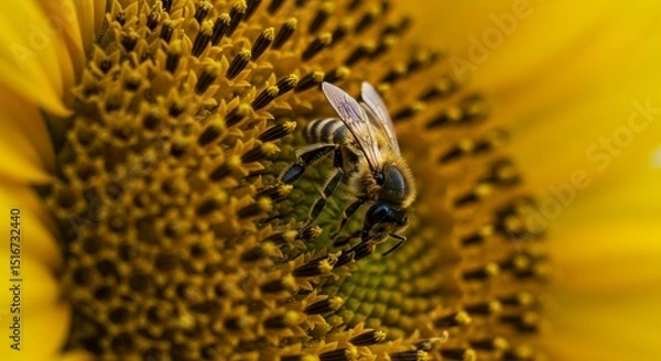 Fototapeta A close up of a bee on a sunflower gathering pollen with its wings slightly spread in the sunlight