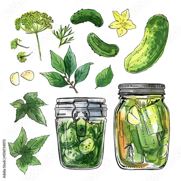 Fototapeta Glass jars with fermented vegetables. Cucumbers and spices. Ink and watercolor drawing on white background.