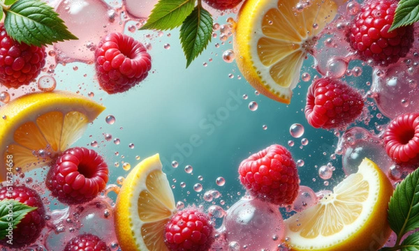 Fototapeta A jar of strawberry lemonade garnished with mint leaves and floating berries exhibits a bright, refreshing summer beverage scene.
