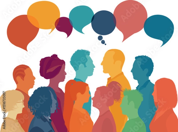 Fototapeta Silhouette heads faces to the side of group of multicultural people talking. Speech bubble. Communication between people
