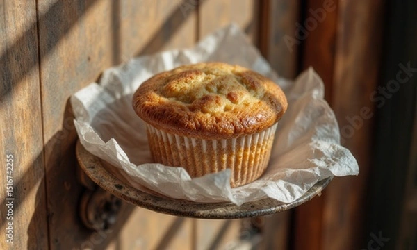 Fototapeta Muffin resting on rustic surface in warm sunlight
