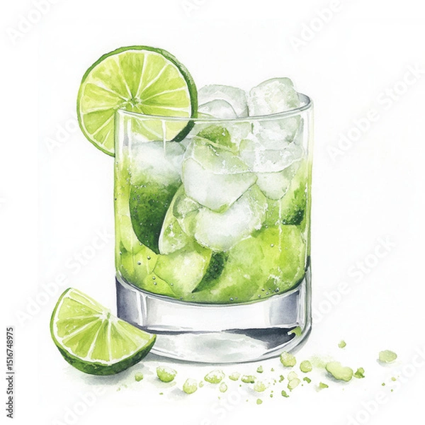 Fototapeta Caipirinha cocktail with ice cubes and lime slice in a short glass. Watercolor illustration on white background. Traditional Brazilian drink with lime