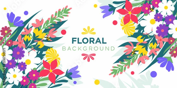 Fototapeta Background with meadow and garden blooming flowers in vector, flat style.