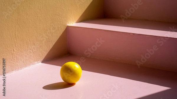 Obraz A yellow ball on a pink surface near a wall with stairs and shadows creating a minimalist scene