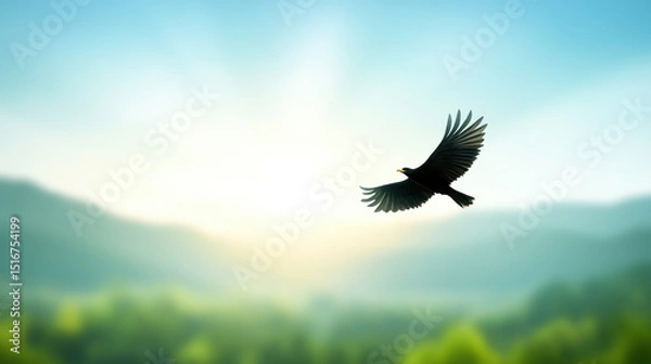 Obraz Bird gracefully soars over misty mountain landscape at dawn, with soft sunlight illuminating serene scene and lush greenery below, evoking sense of peace and freedom