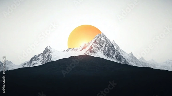 Obraz Dramatic snow capped mountain peaks silhouetted by glowing rising sun, creating serene and breathtaking morning landscape with high contrast and natural beauty