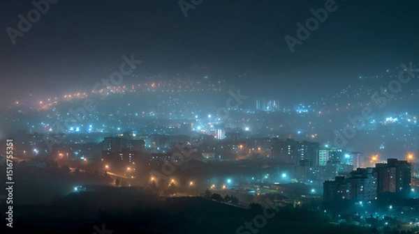Obraz Night cityscape view with city lights glowing through the fog and haze creating a soft ambiance