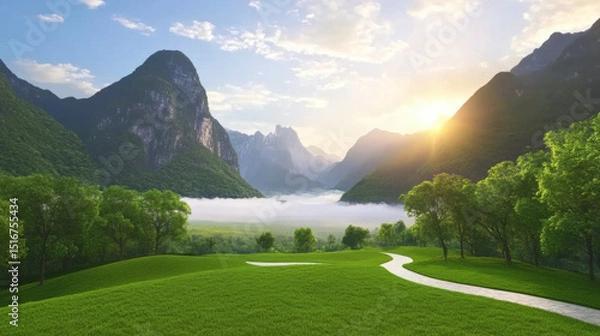 Obraz Serene landscape with early sunlight breaking through clouds, illuminating lush green hills, winding path, and valley covered in fog, surrounded by towering mountains