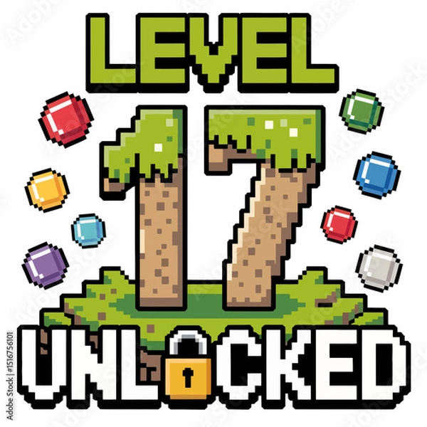 Fototapeta Pixelated graphics showcase the phrase "Level 17 Unlocked" with a lock symbol, featuring colorful gems surrounding a dirt block