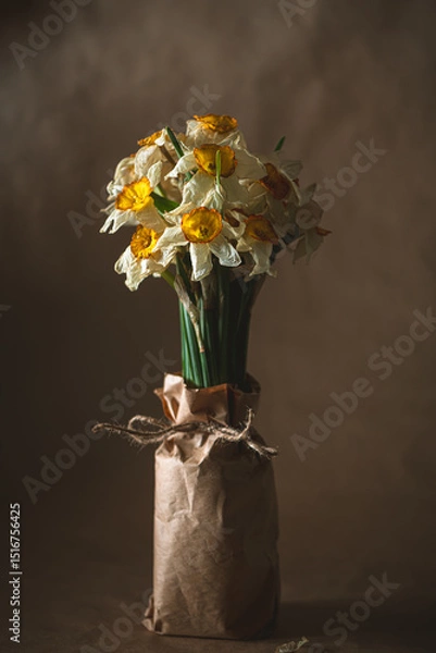 Fototapeta Wilting daffodils with yellow and white petals and green stems bundled in brown paper tied with twine, creating a melancholic still life against a brown backdrop