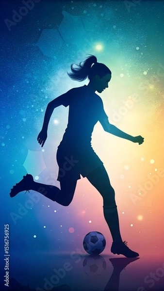Fototapeta Silhouette of a female soccer player kicking the ball in a dynamic abstract composition
