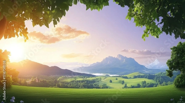 Obraz Serene forest valley stretches into distance under purple dusk sky, with lush green fields, distant mountains, and glowing sunset creating tranquil and picturesque scene