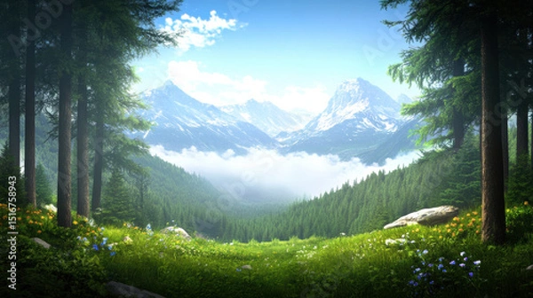 Obraz Serene mountain valley with mist curling through dense forest, surrounded by vibrant wildflowers and towering peaks under bright blue sky. scene evokes tranquility and natural beauty