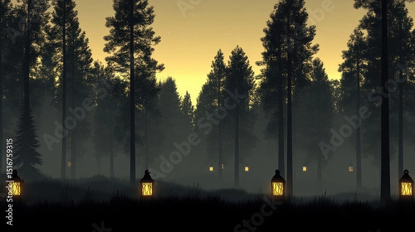 Obraz Serene forest scene at dusk with glowing lanterns scattered among tall trees, creating warm and moody atmosphere. soft horizon glow enhances tranquil ambiance