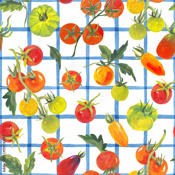 Fototapeta Trendy seamless summer pattern featuring colorful tomatoes on a checkered background, painted in vibrant acrylic style. This playful tropical-inspired design is perfect for fashion, fabric, textiles