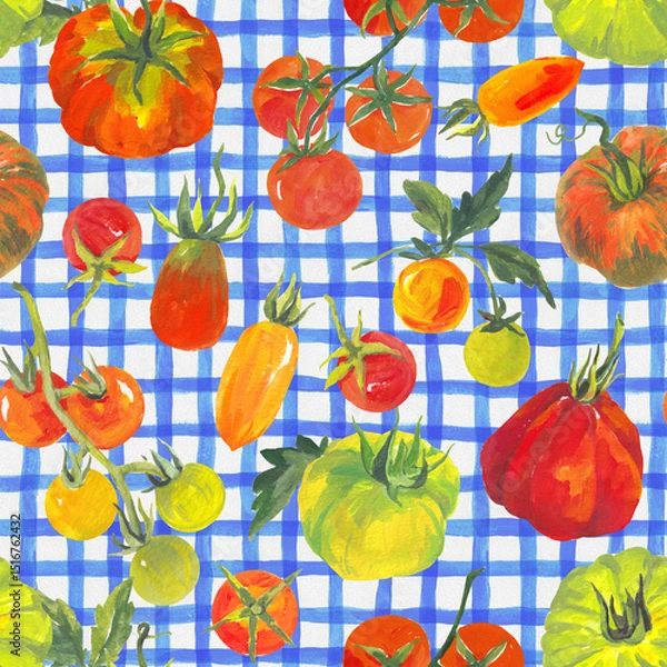 Obraz Trendy seamless summer pattern featuring colorful tomatoes on a checkered background, painted in vibrant acrylic style. This playful tropical-inspired design is perfect for fashion, fabric, textiles