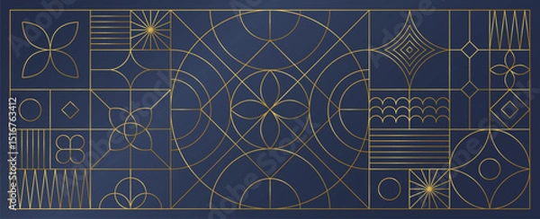 Fototapeta Line art pattern. Abstract circle background. Luxury ornament frame. Graphic invitation border. Gold outline motif. Decoration with geometric and floral elements. Vector design banner