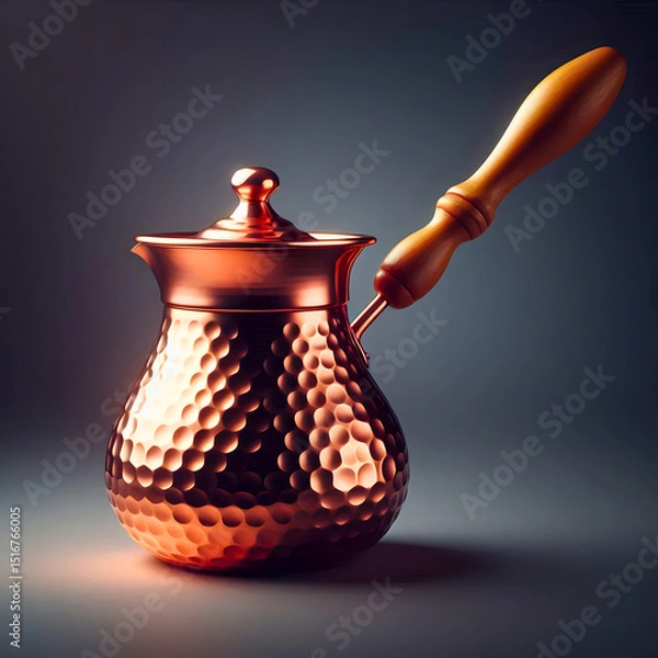 Obraz Turkish copper coffee pot in a stylish design on a dark background with a smooth gradient, polished hammered copper jezva with a long carved wooden handle, Turkish copper coffee pot