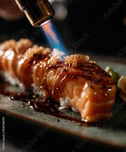 Obraz A photorealistic close-up image of a salmon sushi roll glazed with soy-based sauce and topped with decorative roe, being torched with a blue culinary flame. 