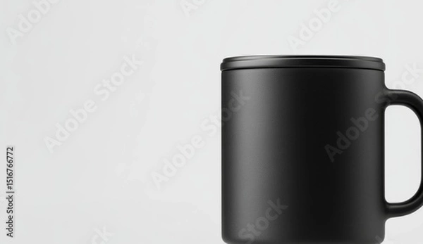 Fototapeta Black mug mockup, solid white background, 3D rendering, minimalist style, close-up