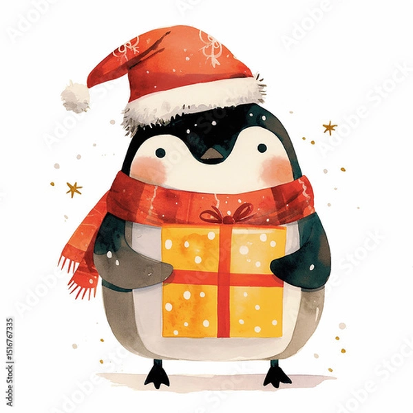 Obraz Cute penguin wearing a Santa hat and scarf while holding a gift in a snowy setting during the holiday season