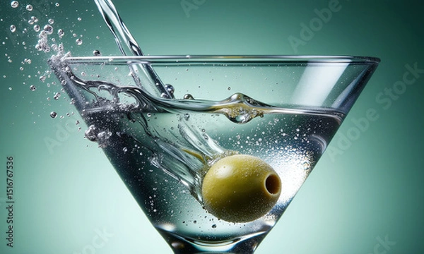 Fototapeta A martini glass captures an olive dropping into a clear cocktail, creating ripples against a teal background.
