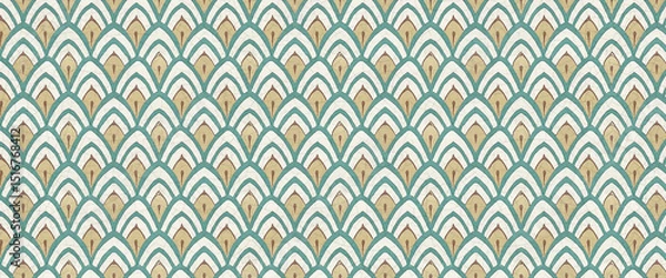 Fototapeta Seamless vintage tile pattern with teal, beige, and brown geometric arches.