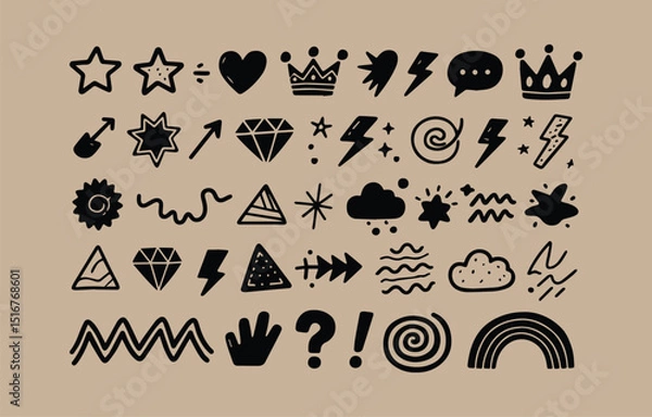 Obraz Hand Drawn Doodle Icon Set with Stars Hearts Crowns Diamonds Lightning Bolts Clouds Rainbows Arrows and Other Cute Elements