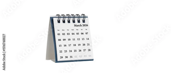 Fototapeta Desktop calendar for March 2026 in white colour. Mini planner for business and finance, spiral view on isolated white background close up.