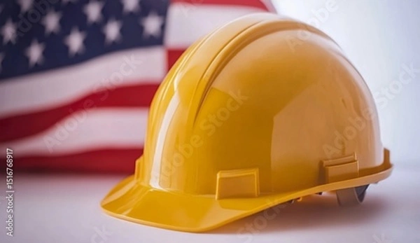 Obraz a yellow hard hat and an American flag on a white background, close-up shot. website banner.