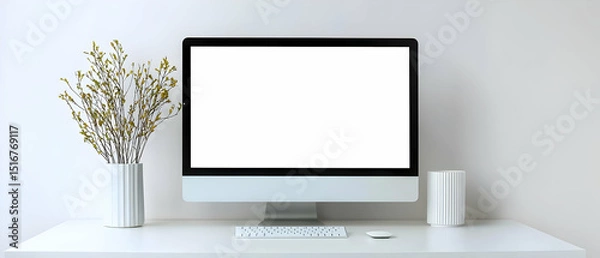 Fototapeta Modern Minimalist Workspace With Empty Computer Screen And Gold Decor