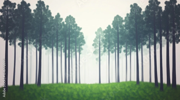 Fototapeta Serene pine grove at dawn with tall trees standing in symmetry, surrounded by glowing golden haze and soft mist, creating tranquil and moody atmosphere