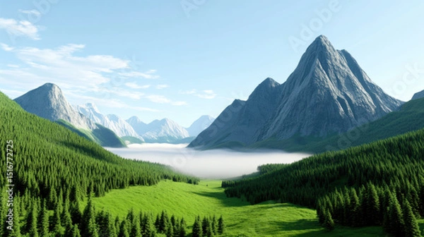 Obraz Serene mountain landscape with pine covered slopes, lush green valley, and layer of mist blanketing lower areas under bright blue sky