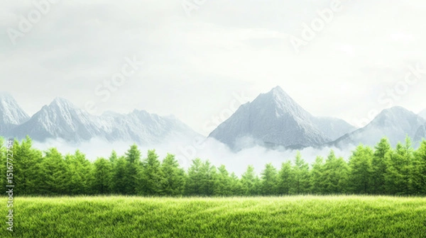 Obraz Serene landscape featuring lush green meadow in foreground, dense pine forest in middle, and majestic mountains fading into misty morning sky in background