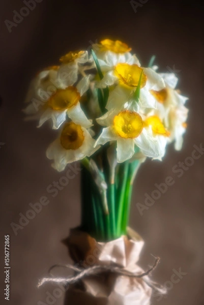 Fototapeta Beautiful bouquet of fresh daffodils wrapped in brown craft paper, tied with twine, creating a rustic and charming presentation on a table with soft, warm effect