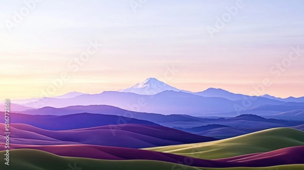 Obraz Serene landscape of rolling hills bathed in soft dusk light, with distant snow capped mountain under pastel sky. scene evokes tranquility and natural beauty