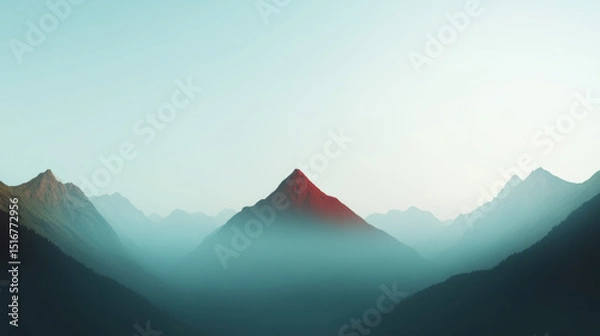 Obraz Serene mountain landscape with red tinted peak illuminated by soft light, surrounded by layers of misty blue hills under clear sky, evoking tranquil and moody atmosphere