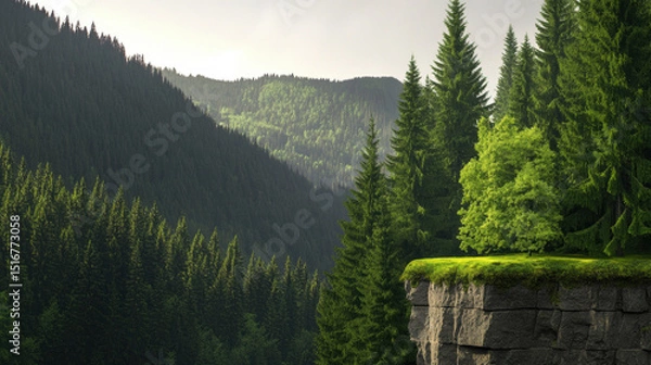 Obraz Serene mountain landscape featuring lush green pine forests, sunlit tree on rocky cliff, and misty layers of distant hills creating tranquil atmosphere