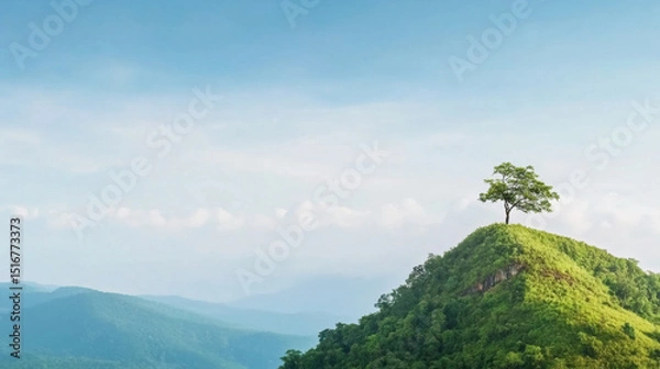 Obraz Lone tree stands atop lush green hill, surrounded by rolling mountains and clear blue sky with soft clouds, evoking sense of serenity and solitude