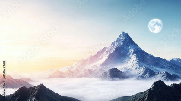 Obraz Breathtaking view of glowing mountain peak surrounded by layered ridges, bathed in soft sunlight and serene sky with visible full moon, creating tranquil atmosphere