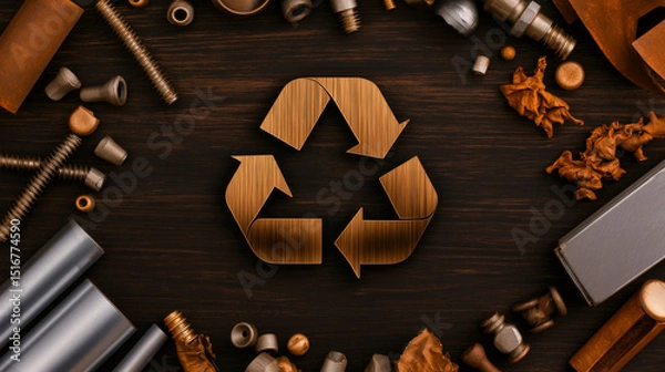 Fototapeta Recycling concept with copper-colored metal scraps surrounding metallic recycle symbol