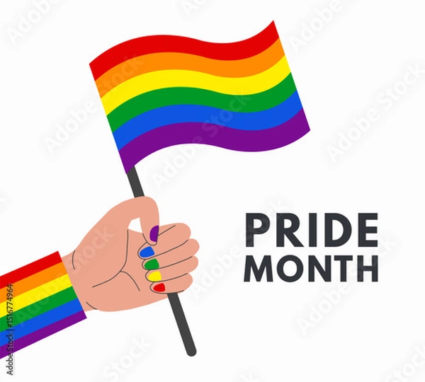 Obraz LGBTQ support social media banner or post template, greeting card or party invitation. Hand hold rainbow lgbt flag and celebrate pride month, week or day vector flat illustration. 