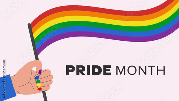 Obraz LGBTQ support social media banner or post template, greeting card or party invitation. Hand hold rainbow lgbt flag and celebrate pride month, week or day vector flat illustration. 