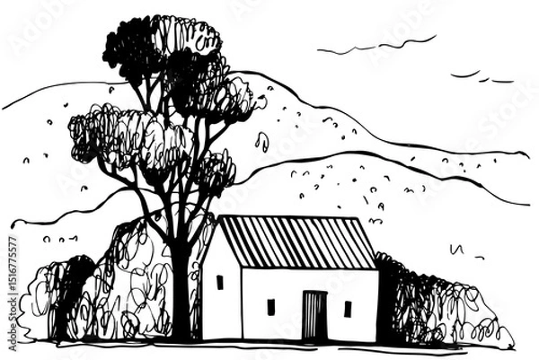 Obraz Hand-darwn house in the mountains. Vector sketch illustration