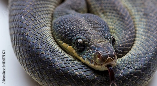 Fototapeta Detailed Close-Up of an Exotic Serpent with Tongue Extended on a Plain Backdrop Depicting Wildlife Awareness and Nature's Serpentine