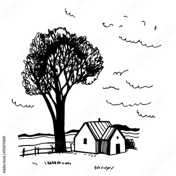 Obraz Hand-drawn house in the field. Vector sketch illustration