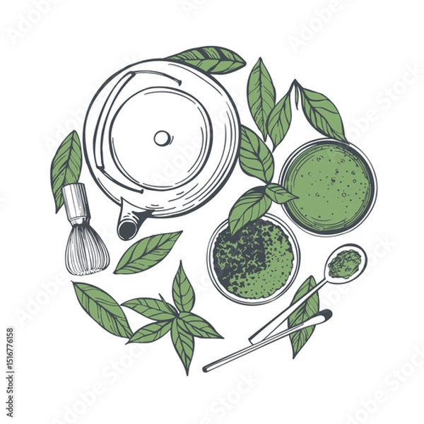 Obraz Hand-drawn matcha tea set.  Vector sketch illustration